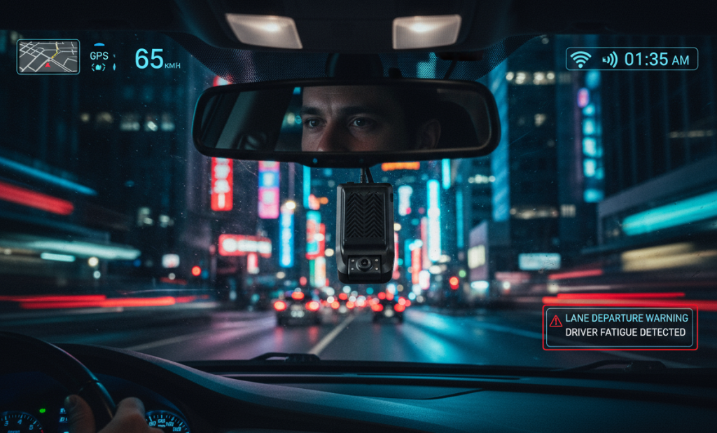 AI dash cam pada kendaraan taksi dan pribadi dengan tampilan data GPS dan peringatan keselamatan berbasis AI