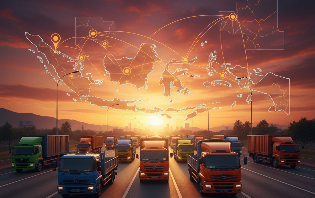 Armada truk operasional di Indonesia dengan overlay pelacakan GPS dan peta digital
